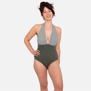Pure Earth Collection -Striped Dark Green- Halter One-Piece Swimsuit